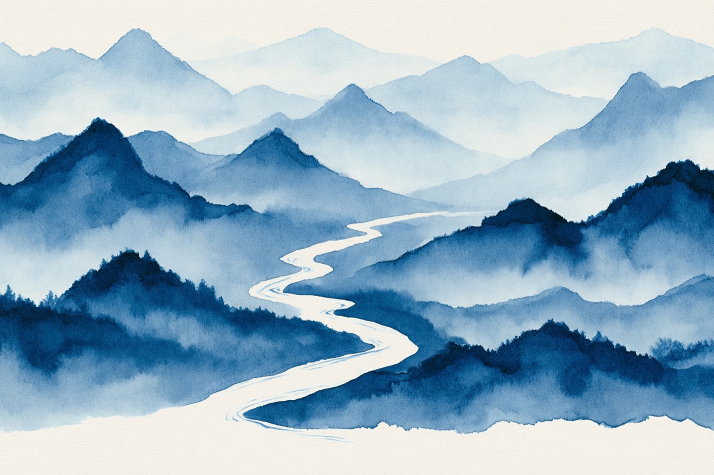 Ink-wash valley with water flowing through mist