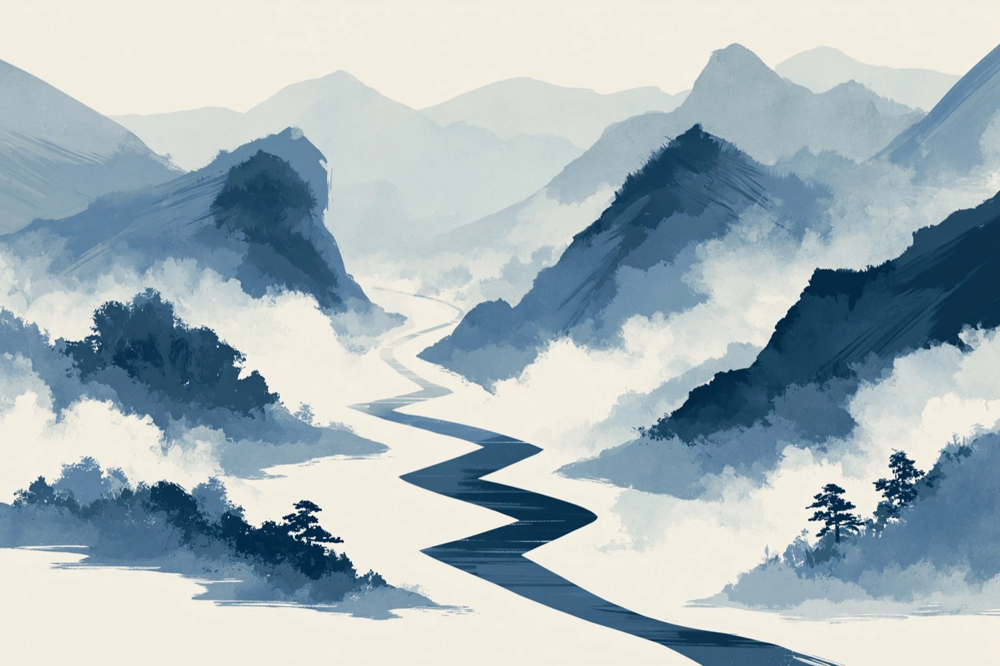 A winding river through a misty valley, ink wash